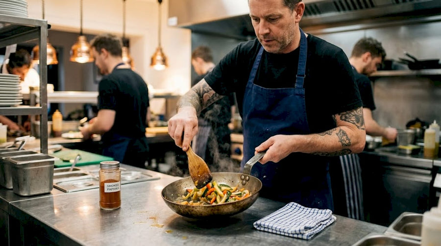 Chef cooking with carbon steel pan