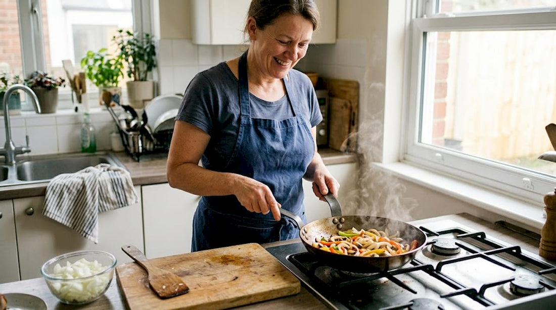 Home cook using seasoned carbon steel pan