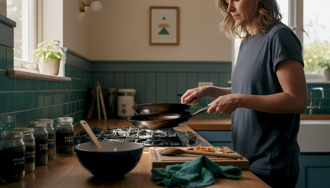 Cook using carbon steel pan in kitchen
