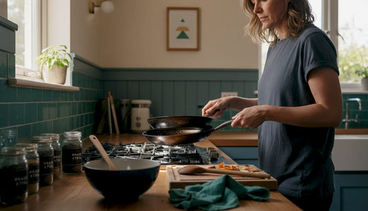Cook using carbon steel pan in kitchen