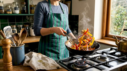 Cook using carbon steel pan at stove