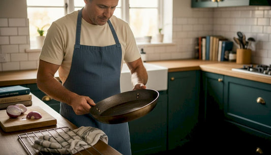 Chef inspecting forged carbon steel pan