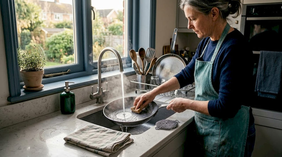 Cook cleaning carbon steel pan at sink