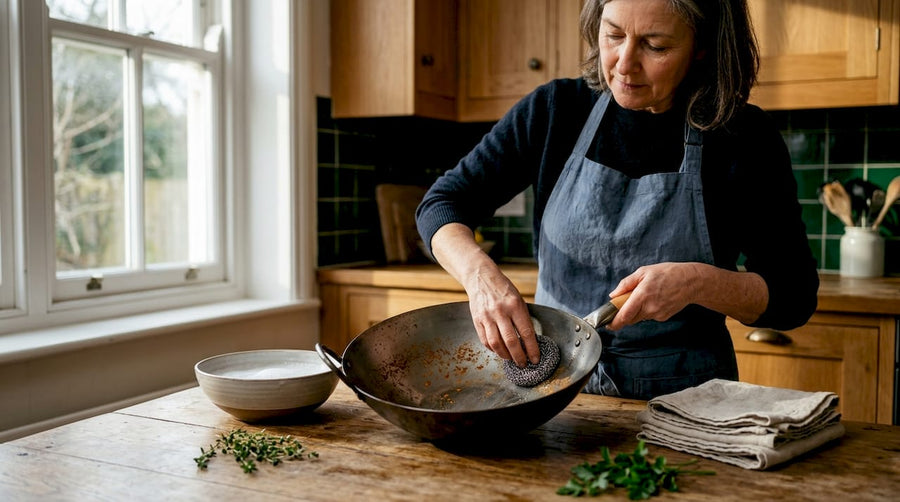 Home cook cleaning carbon steel wok