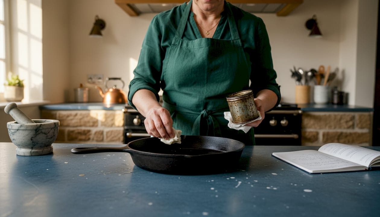 Chef seasoning cast iron skillet in kitchen