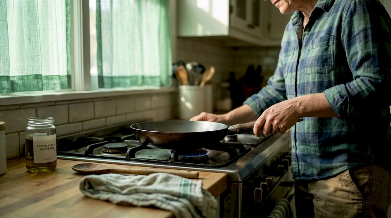 Home cook heats carbon steel pan in kitchen