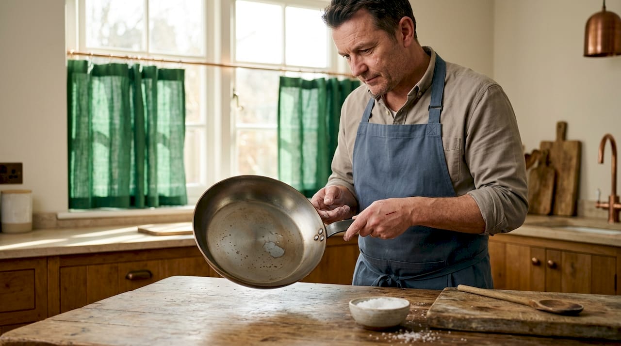 Chef examining carbon steel pan in kitchen