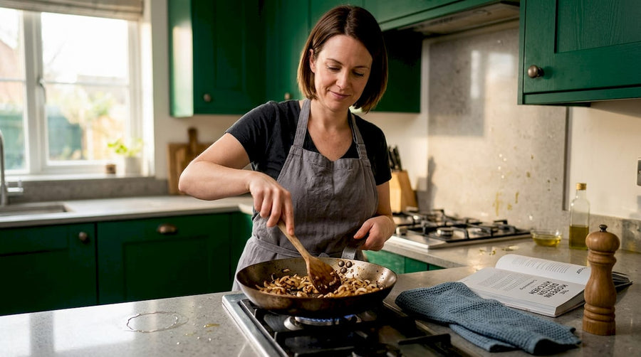 Home cook using pan in sunlit kitchen