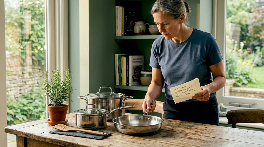 Woman comparing cookware pieces in home kitchen