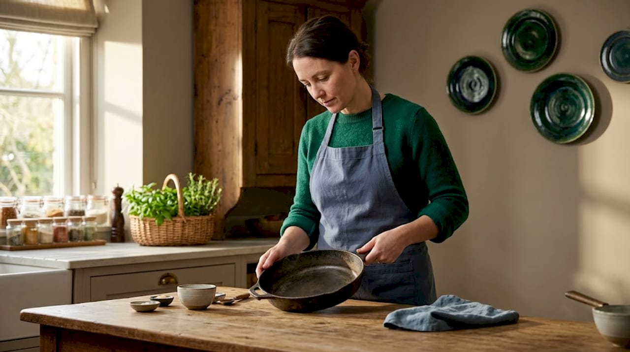 Woman inspecting cast iron skillet in sunlit kitchen