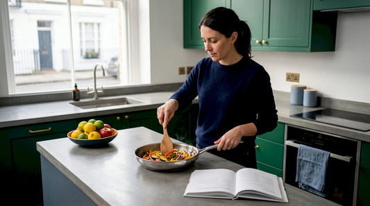 Cooking with coating-free stainless steel pan in kitchen