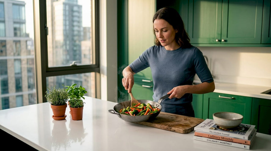 Home cook using one-piece cookware in kitchen
