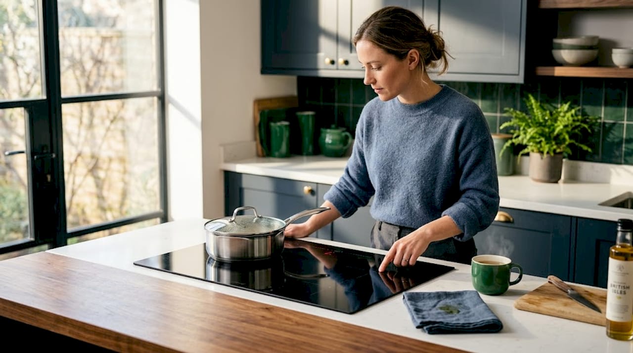 Woman using induction stove controls in kitchen
