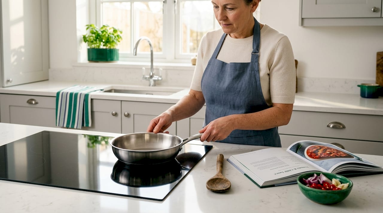 Cook placing pan on induction hob in kitchen