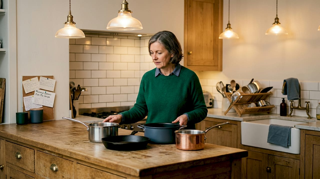 Person comparing cooking pots in home kitchen