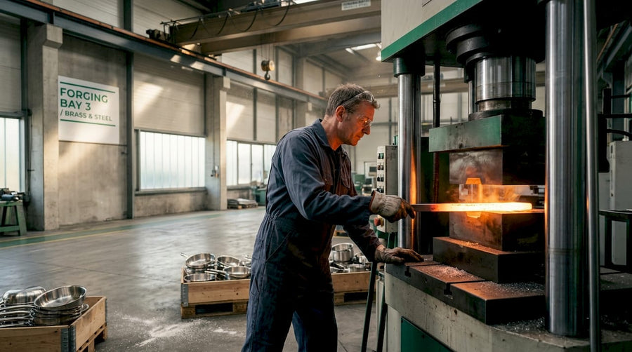 Cookware worker checks aluminum blank at forging press