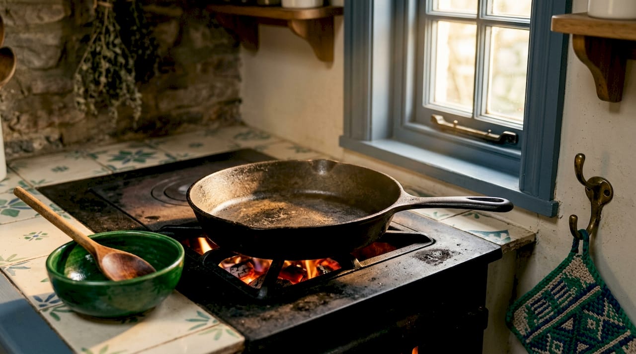 Cast iron pan heating on stove in home kitchen