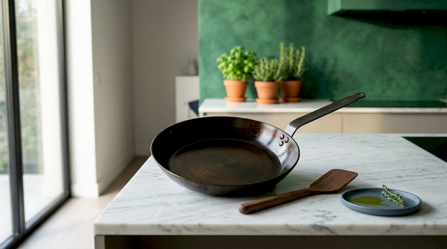 Seasoned carbon steel pan on kitchen counter