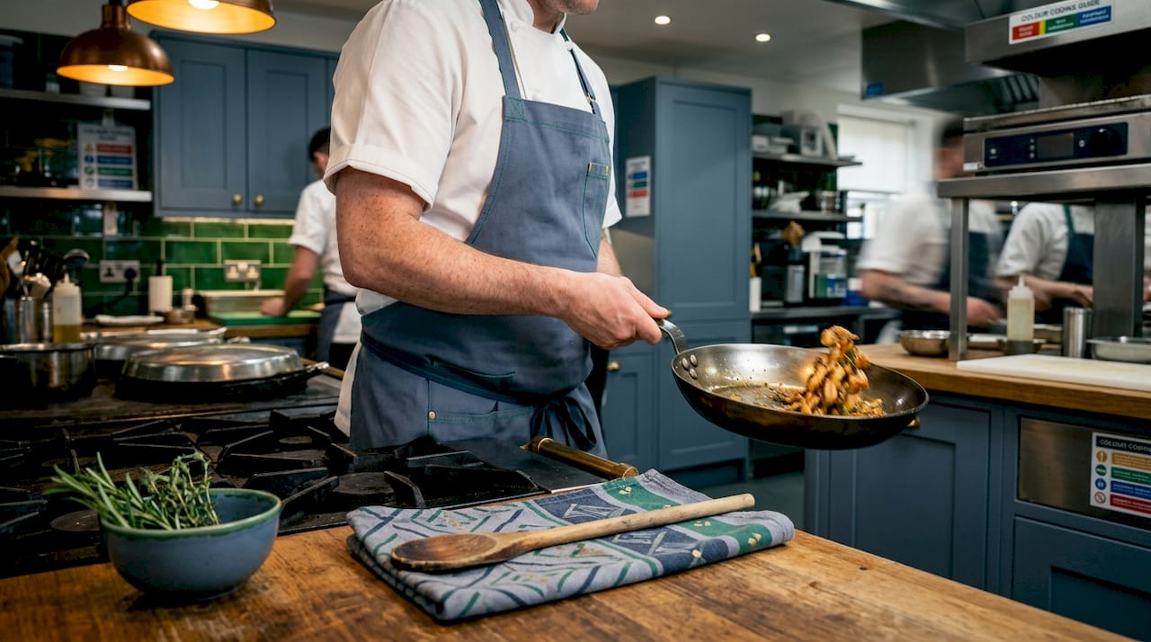 Chef cooking with carbon steel fry pan
