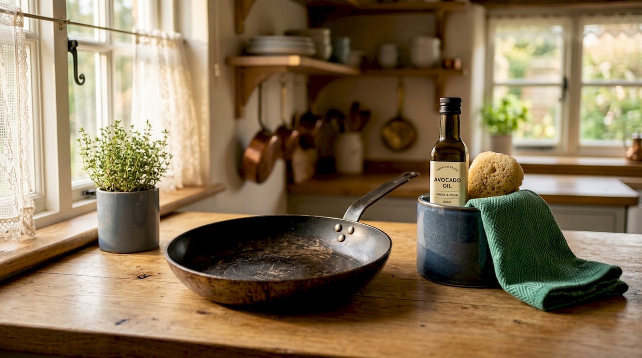 Non-stick pan and seasoning oil in kitchen