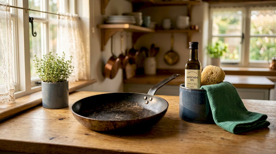 Non-stick pan and seasoning oil in kitchen