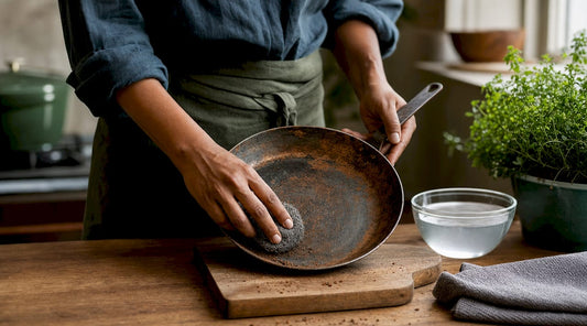 Hands scrubbing rust off carbon steel pan in sink