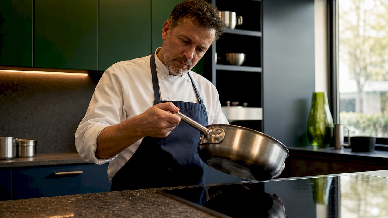 Chef examining riveted pan handle for looseness