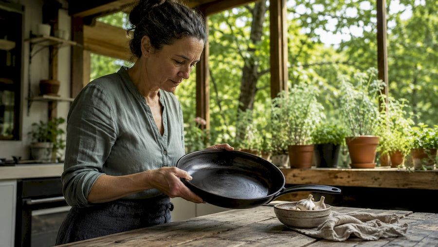 Woman examining durable carbon steel skillet in kitchen