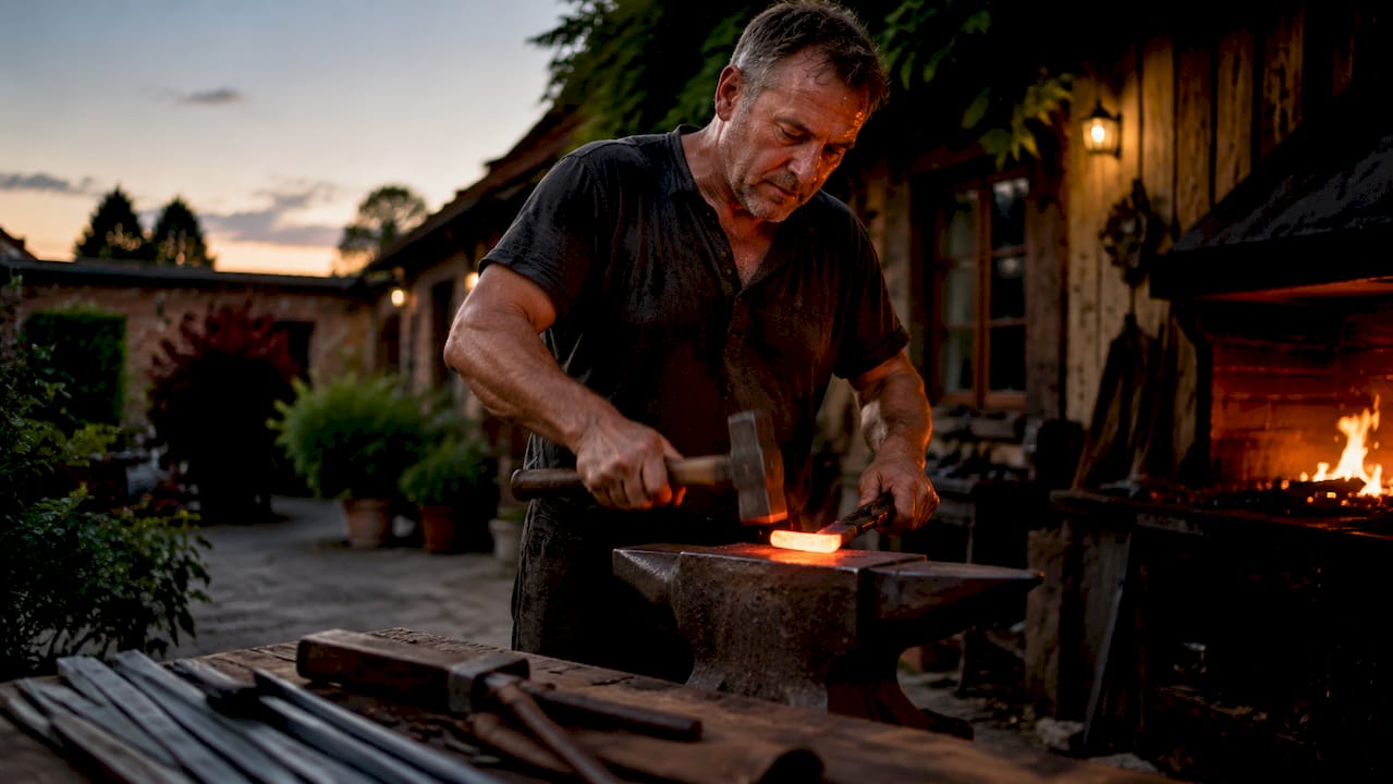 Artisan hand forging glowing carbon steel