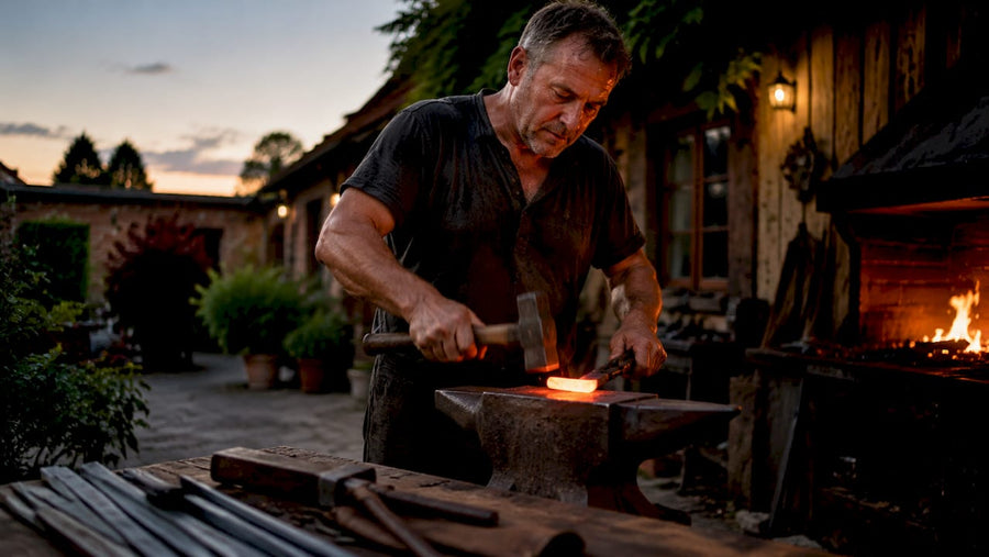 Artisan hand forging glowing carbon steel