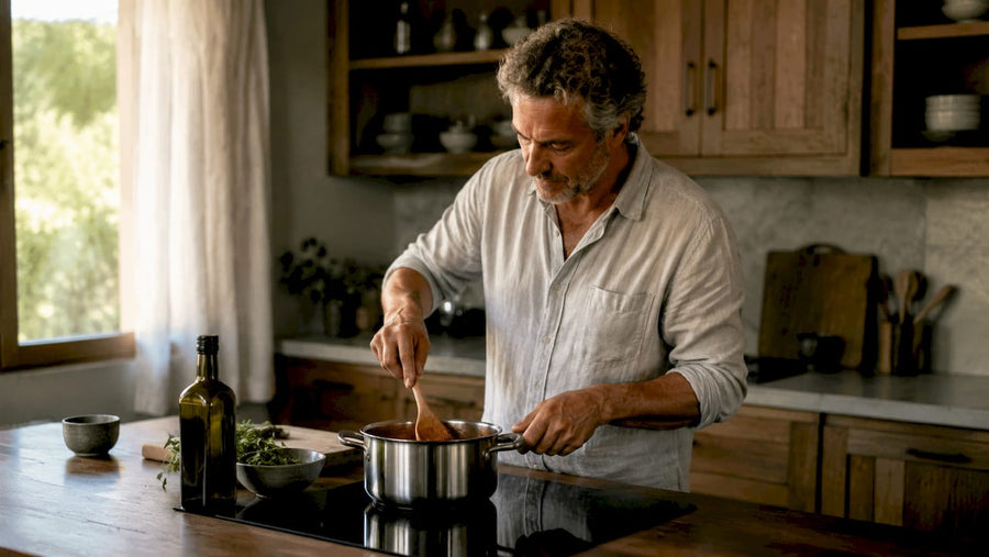 Man cooking on induction cooktop in kitchen