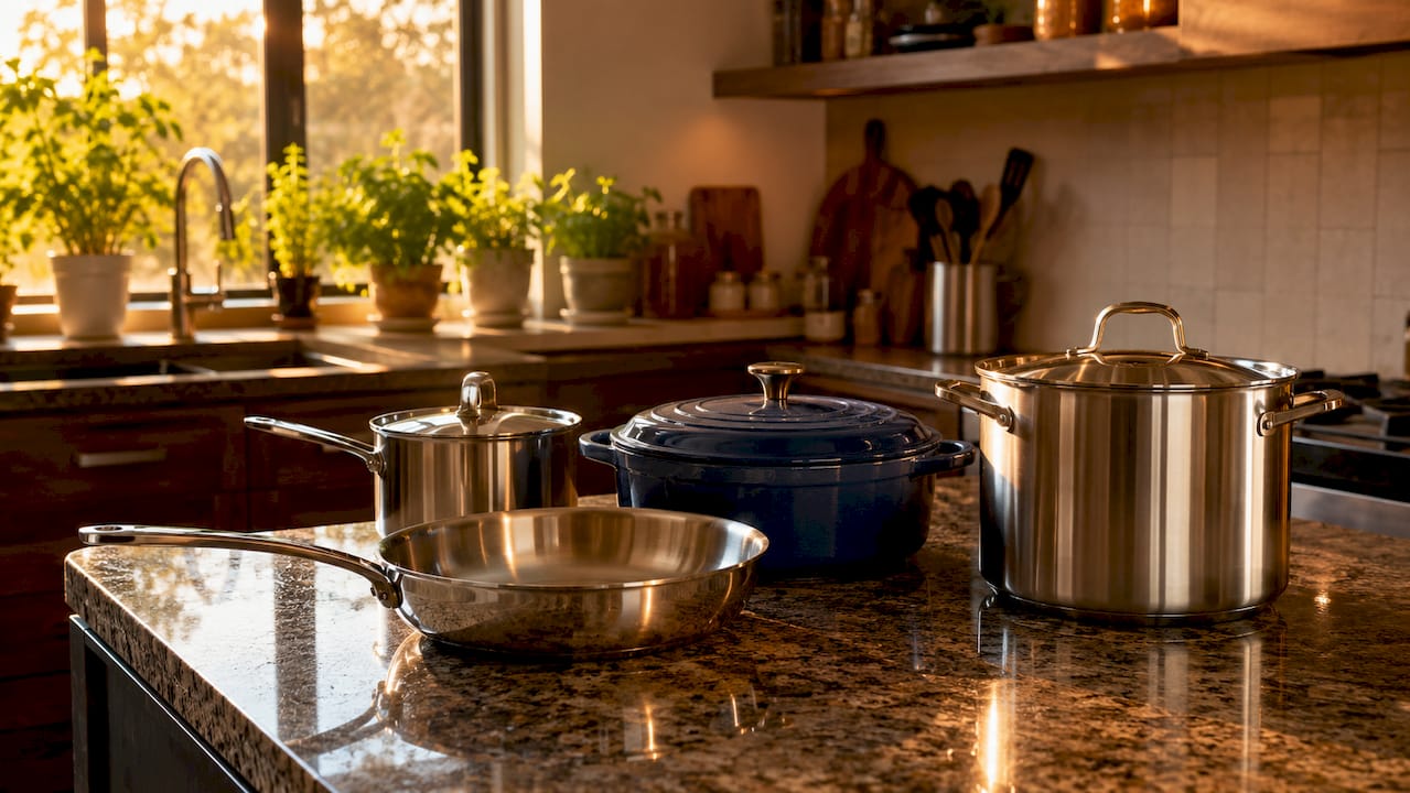Essential kitchen pots and pans on countertop