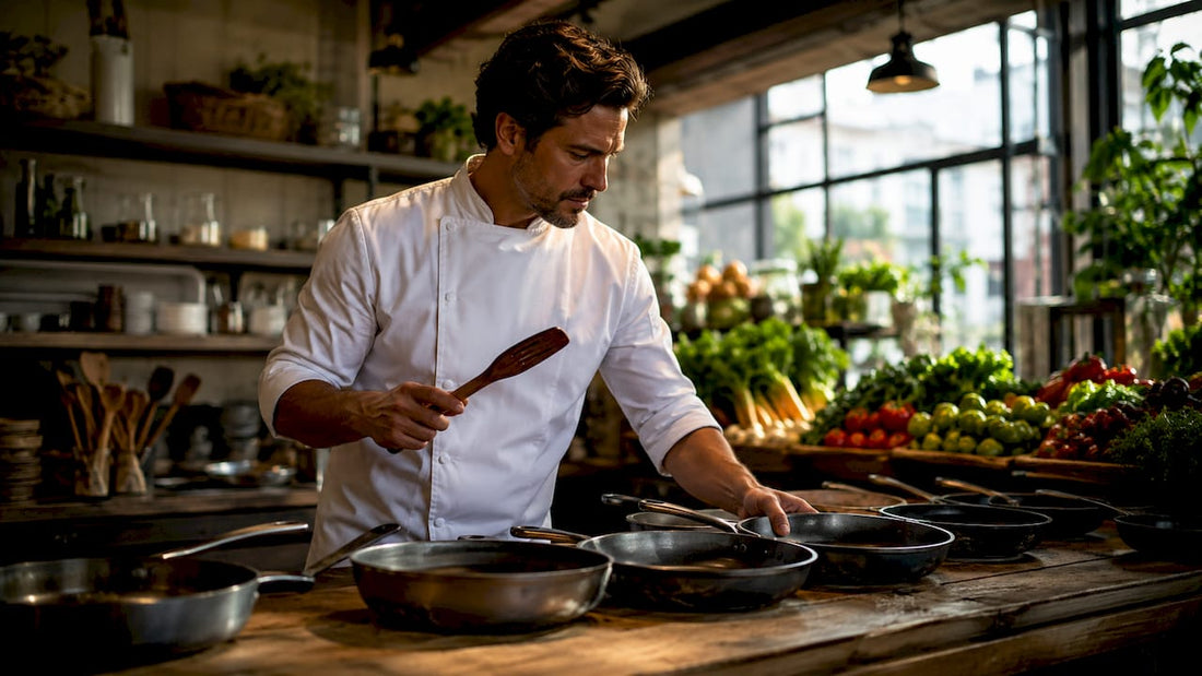 Chef choosing pan in professional kitchen