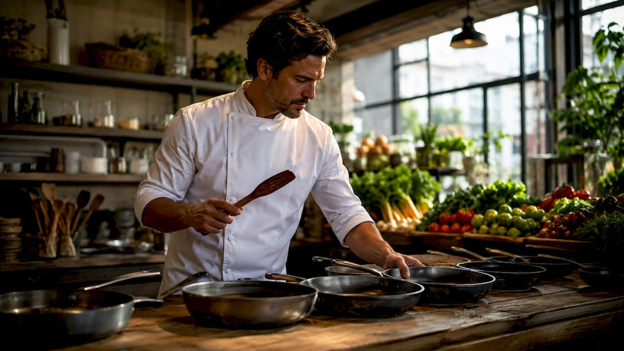 Chef choosing pan in professional kitchen