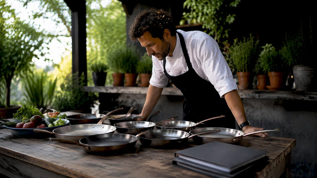 Chef inspecting restaurant pans on prep table