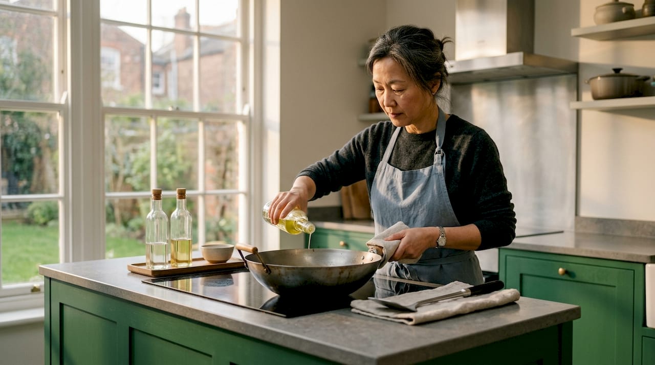 Woman seasoning carbon steel wok in kitchen