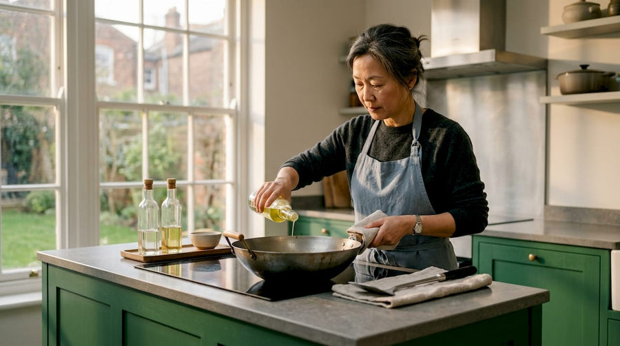 Woman seasoning carbon steel wok in kitchen