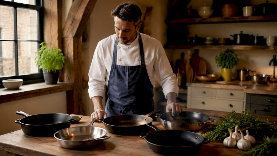 Professional chef selecting pans in kitchen
