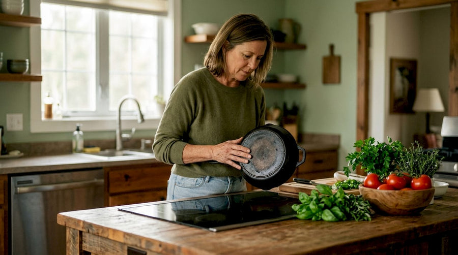 Woman examining induction-compatible pan in kitchen