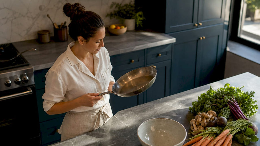 Person holding a well-balanced cookware pan