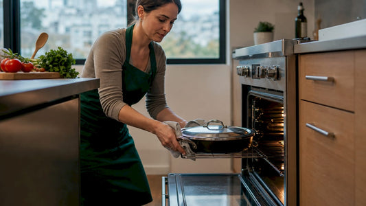 Woman safely removing oven safe cookware from oven