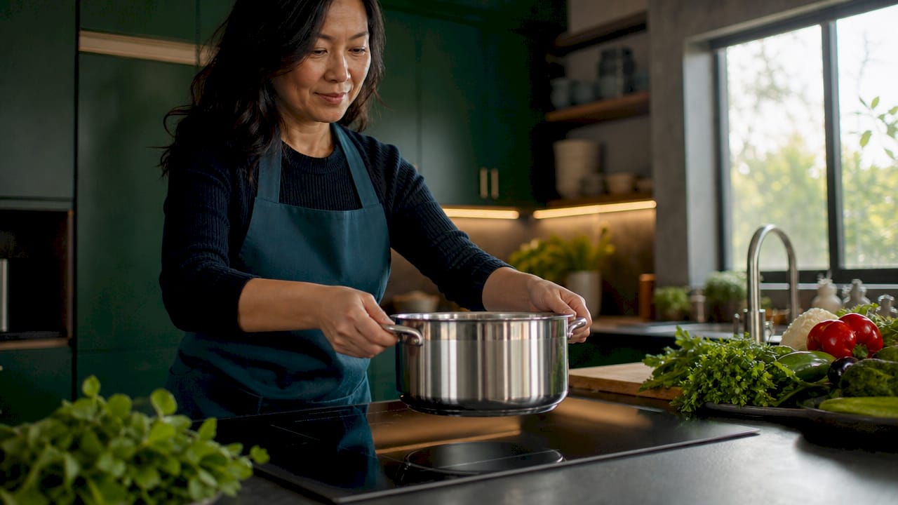 Woman placing pot on induction cooktop
