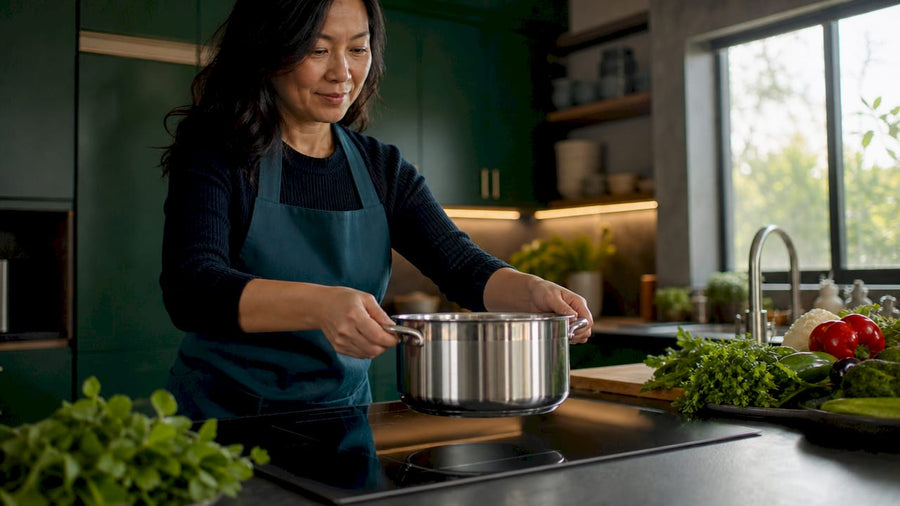 Woman placing pot on induction cooktop