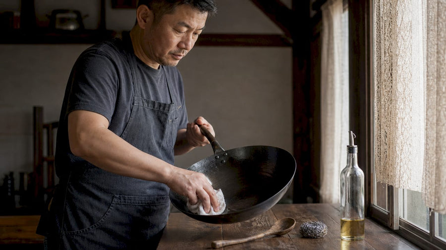 Chef seasoning carbon steel wok in kitchen