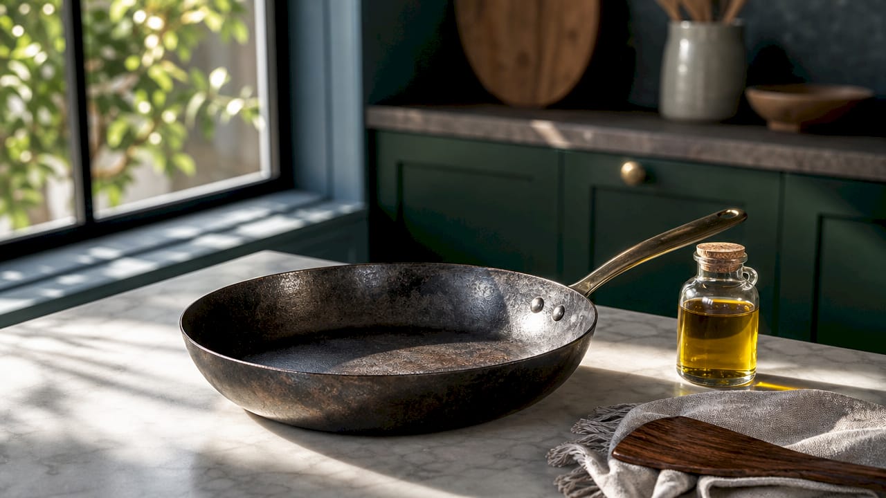 Close-up of seasoned carbon steel pan on kitchen counter