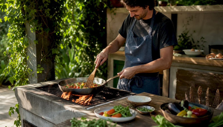 Home cook using artisan carbon steel pan on stove