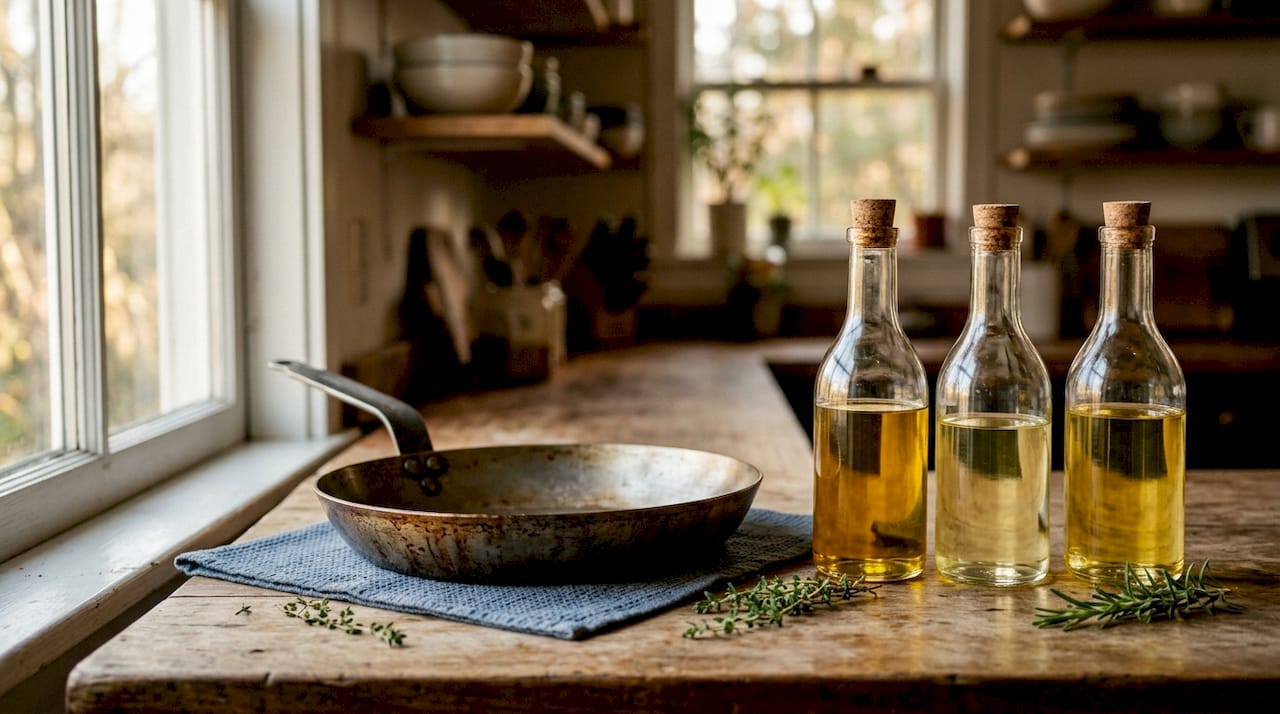 Carbon steel pan with three seasoning oils on countertop