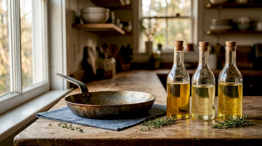 Carbon steel pan with three seasoning oils on countertop