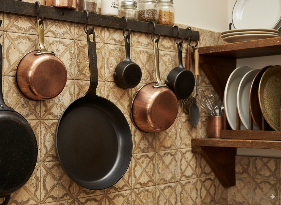 Kitchen wall with hanging pots and pans on a tiled backsplash